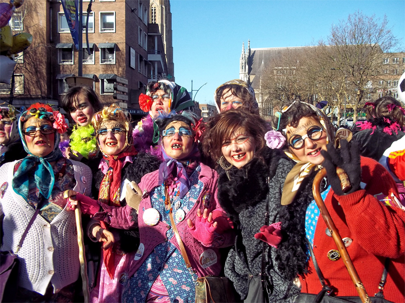 Young women dressed as old women at the Dunkirk Carnival in northern France