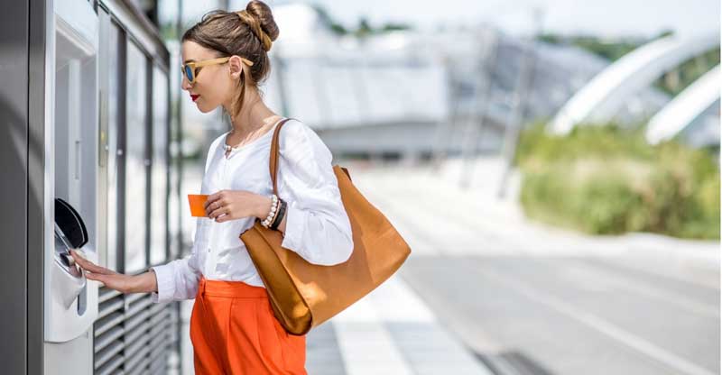 Woman using a bank card at an ATM