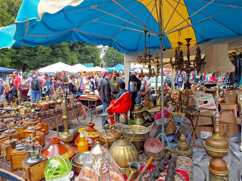 Flea market stall filled with all sorts of vintage items at the famous flea market of Lille, northern France