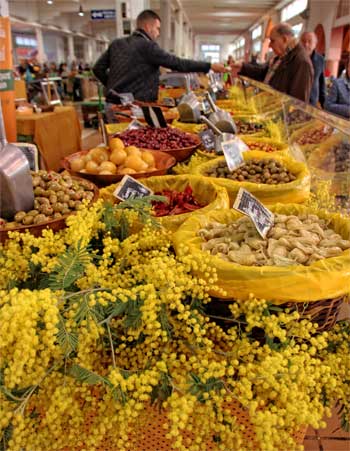 Bunches of mimosa on display at a market stall in Cannes, France