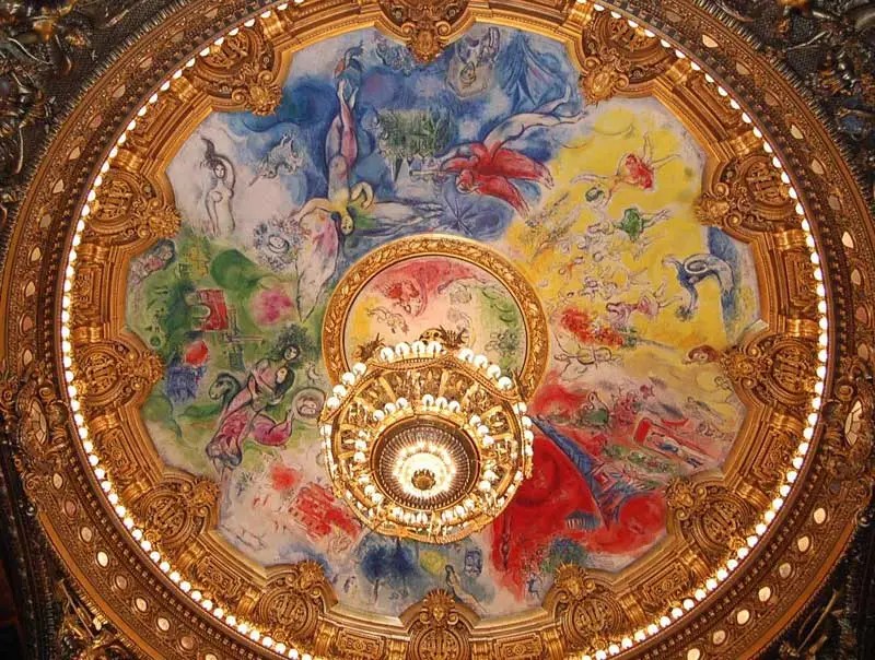 Ceiling rose painted by Marc Chagall at the Paris Opera House - colourful and aesthetic