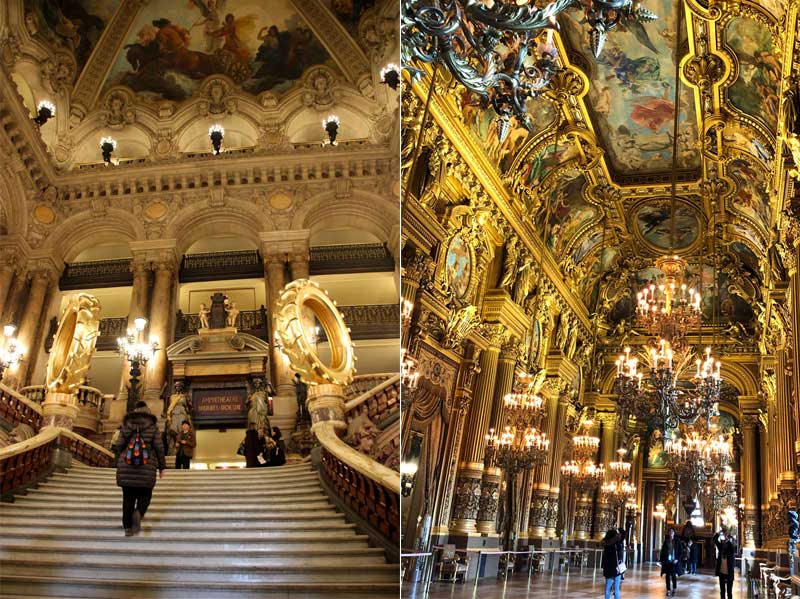 Galleries at the Paris Opera House are hung with chandeliers and the walls are decorated with oil paintings